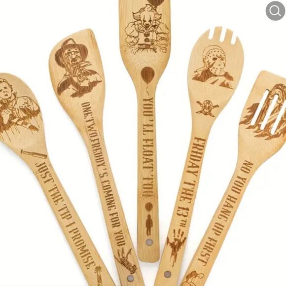 5pc Bamboo Halloween Horror Movie Serial Killer Kitchen Spoon Utensils - Picture 1 of 2